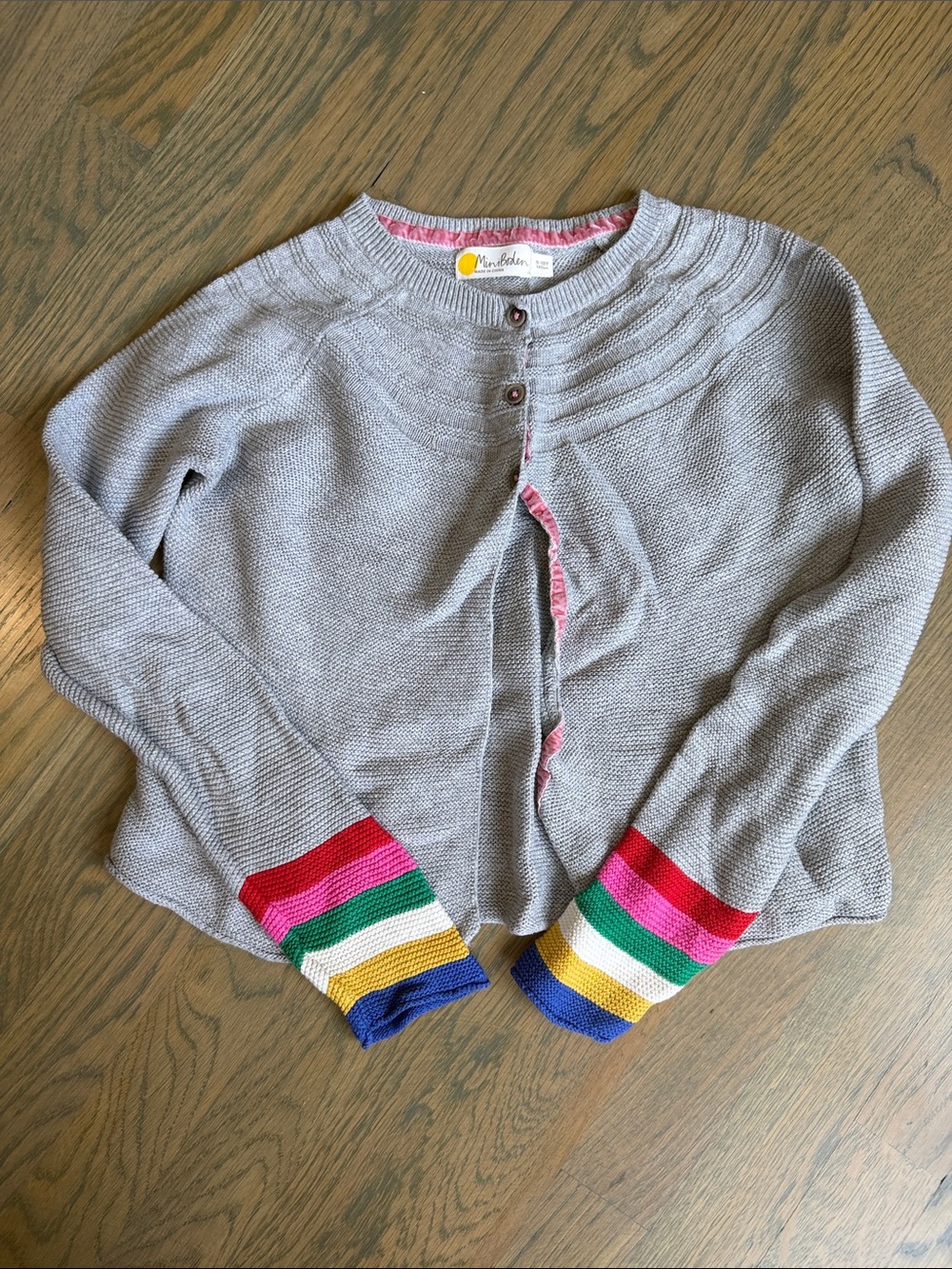Mini Boden Gray Cardigan with Multicolor Striped Cuffs